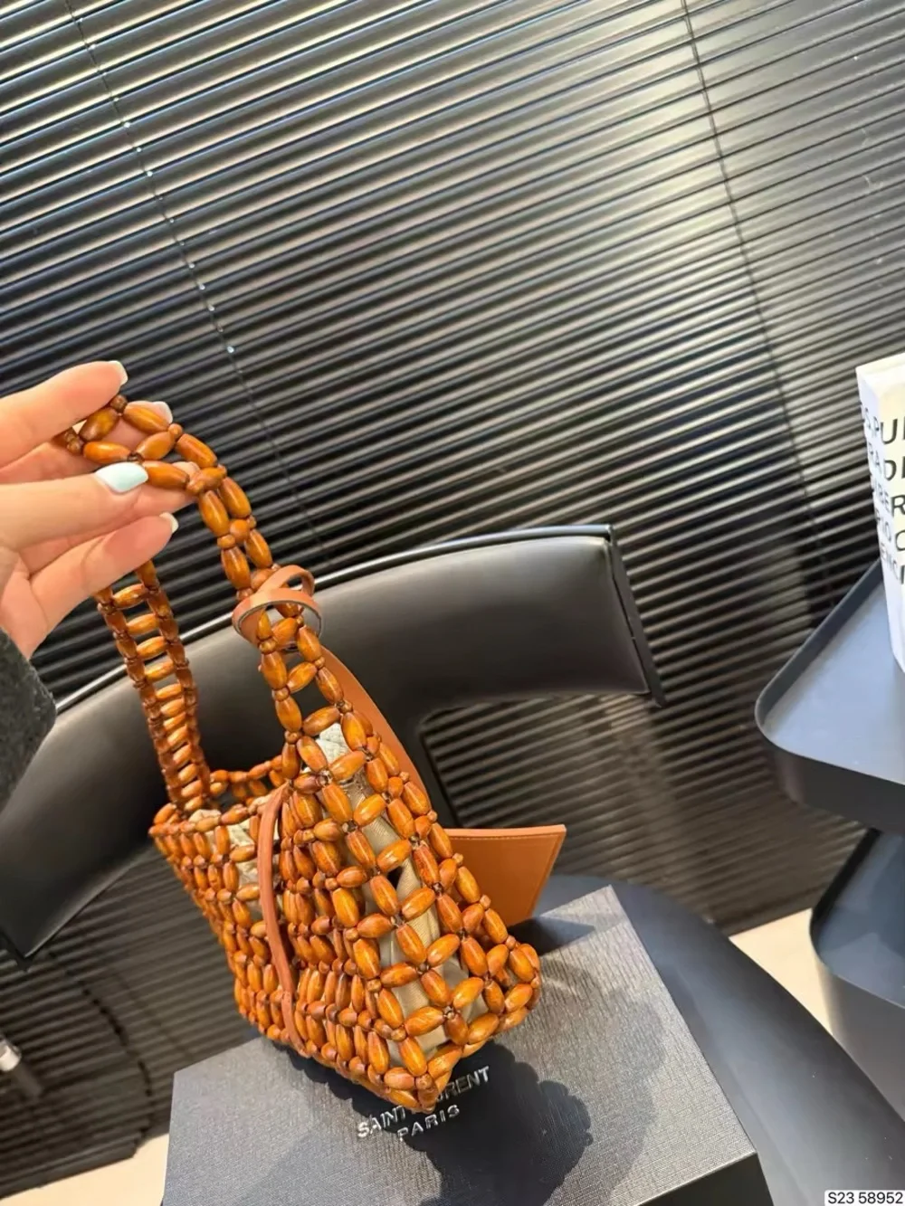Saint Laurent Woven Bead Shoulder Tote in Cognac